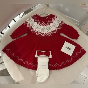 ❤️ 3~6 Max Studio Knit Red Dress Set with Bow Pattern, Scallop Hem, Tights, NWT